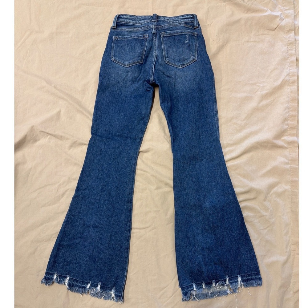 KanCan Flare Jeans Blue Distressed Raw Hem High Rise Western Festival Size 5/26 - Picture 2 of 6